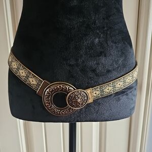 Chico's Elegant Gold Brown Tapestry Patterned Chunky Buckle Belt Small